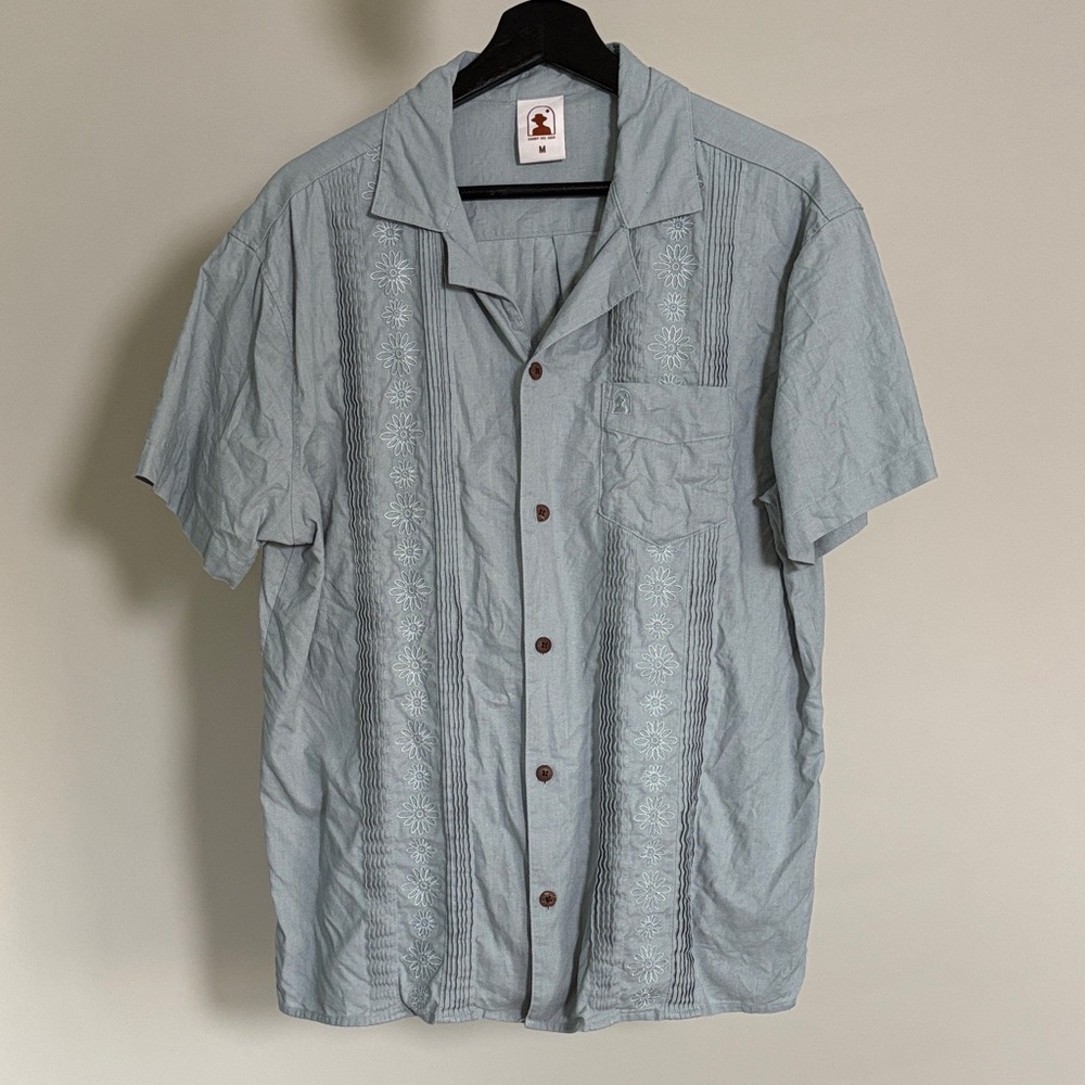 Dandy Del Mar Light Blue Embroidered Cuban Collar Button-Up Shirt, Size M